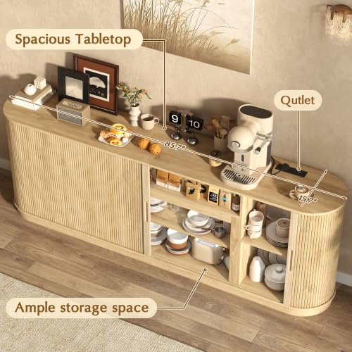 85.6" Fireplace TV Stand for TV Up to 90",Entertainment Center with 40" Electric Fireplace,Simulates 12 Flame Colors,Countertop with Power Outlet, Large Capacity, for Living Room,Natural Oak - color: Oak
