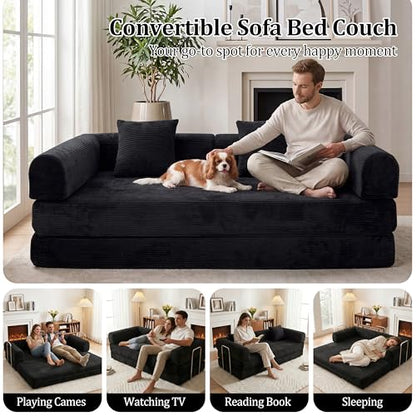 79" Boneless Couch,4-in-1 Futon Sofa Bed Modular Loveseat Sleeper Folding Compressed Couch with Pillows,No Assembly Required Convertible Sofa Bed for Living Room Bedroom Guest Room,Black - color: Black, size: 79” Sofa
