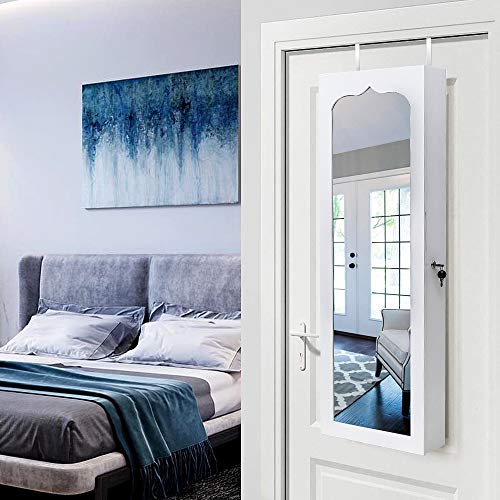 42.5" Wood Jewelry Mirror Cabinet,Wall or Door Mounted Jewelry Storage Cabinet,Space-Saving Large Jewelry Armoire Organizer,with Lock & LED Lights,for Living Room, Bedroom, Cloakroom (White) - size: 36.5x12.3x108cm