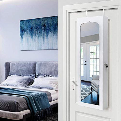 42.5" Wood Jewelry Mirror Cabinet,Wall or Door Mounted Jewelry Storage Cabinet,Space-Saving Large Jewelry Armoire Organizer,with Lock & LED Lights,for Living Room, Bedroom, Cloakroom (White) - size: 36.5x12.3x108cm