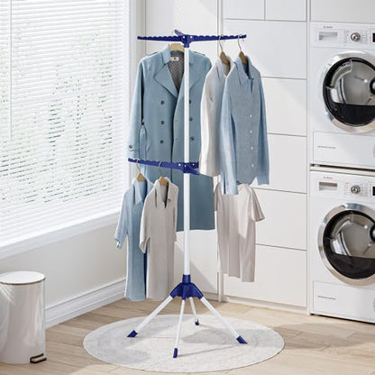 Clothes Drying Rack, 2-Tier 48 Hangers Foldable Blue | 2-Tier Design, 6 Rotatable Arms, 48 Hangers, 4-Leg Stable Base, Foldable, For Indoor Outdoor, RV Travel & Beach Use - color: Blue