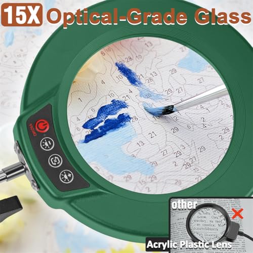 LANCOSC 15X Magnifying Glass with Light and Stand, 3-in-1 Adjustable Swing Floor Lamp, 5 Color Modes Stepless Dimmable, LED Lighted Hands Free Magnifier & Clamp for Reading, Crafts, Painting - Green - color: Green