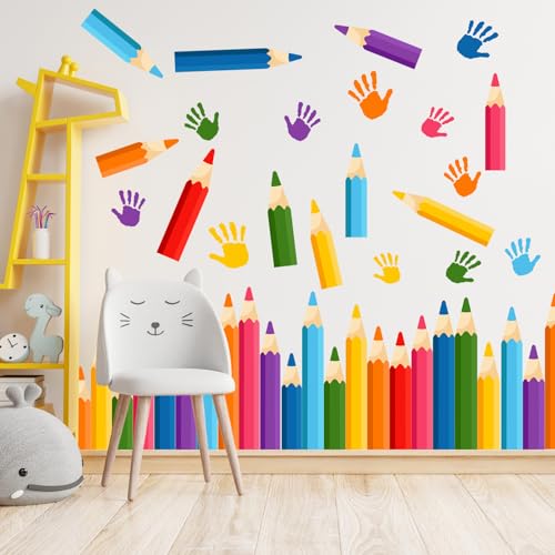 Colorful Pencils Wall Decals - 9 Sheets 47 Pcs Colored Handprint Pencil Wall Stickers Educational Peel and Stick Wall Decor for Back to School Classroom Playroom Living Room Nursery - color: Pencil Handprints