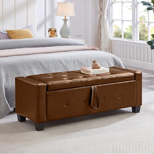 Storage Bench, 48‘’ Upholstered PU Leather Ottoman Bench with Button-Tufted, Folding Bedroom Bench with Wood Legs, Entryway Bench for Bedroom, Brown - color: Brown