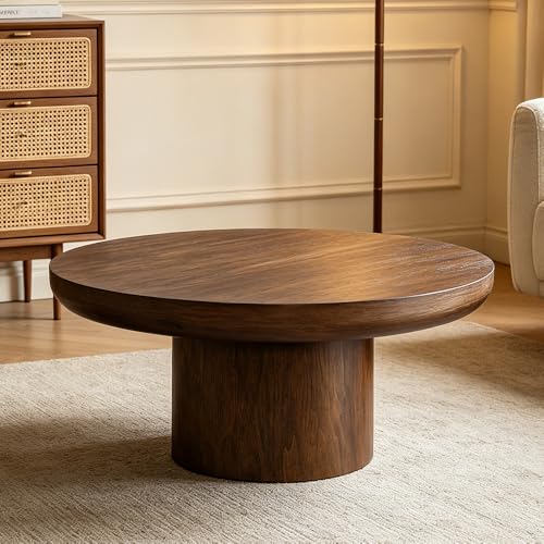 35.98" Round Coffee Table with Cylindrical Base, Modern Wood Drum Center Table, Accent Side End Table for Living Room Apartment, φ35.98"*15.98"H (Dark Brown) - color: C-35.98" Brown