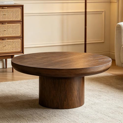 35.98" Round Coffee Table with Cylindrical Base, Modern Wood Drum Center Table, Accent Side End Table for Living Room Apartment, φ35.98"*15.98"H (Dark Brown) - color: C-35.98" Brown