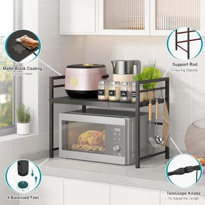 DOLALIKE Microwave Oven Rack, Expandable Microwave Stand Countertop Kitchen Utensils Tableware Storage, Carbon Steel Over Microwave Shelf Countertop with 3 Hooks | Adjustable Microwave Oven Rack Metal Storage Shelf for Pans Small Appliances Kitchen Utensi