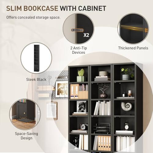 7-Tier Tall Narrow Bookshelf with Door, 11.8 X 9.3 X 70.9 Inches CD DVD Slim Media Tower Rack with Storage Cabinet, Adjustable Shelves, Skinny Bookshelf Display Bookcase for Home Office, Black - color: Black