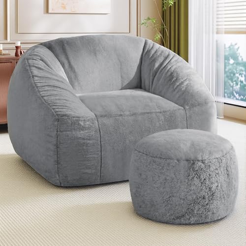 Bean Bag Chairs with Ottoman for Adults, Comfy Beanbag Chair with High-Resilience Foam, Oversized Bean Bag Sofa with Soft Faux Fur Fabric, Bean Bag Chair for Living Room,Bedroom,Dark Grey - color: Dark Grey W/Ottoman