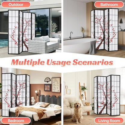 Japanese 4-Panel Screen Room Divider, 6Ft Folding Privacy Divider, White | Chinese Room Dividers, Wooden Freestanding Partition Screen with Plum Blossom