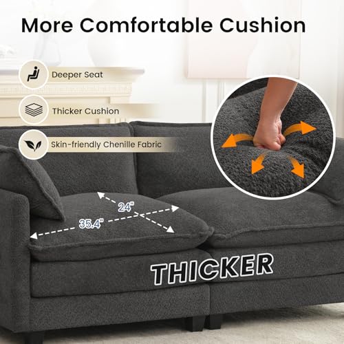 ROWHY 78" Cloud Loveseat Couch, Oversized Modern Modular Sectional Love Seat Couches, Comfy 2-Seater Deep Seat couches with 2 Throw Pillow for Small Spaces, Bedroom Apartment, Chenille Dark Grey | Breathable Fabric - color: Chenille Dark Grey, size: 2 Sea