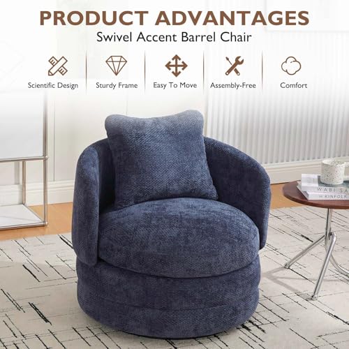 Round Swivel Barrel Chair with Comfy Pillow, Beige Small Accent Chair with Curved Backrest, Modern Upholstered Armchair & Chenille Barrel Accent Chairs for Living Room Bedroom Office (Blue) - color: Blue