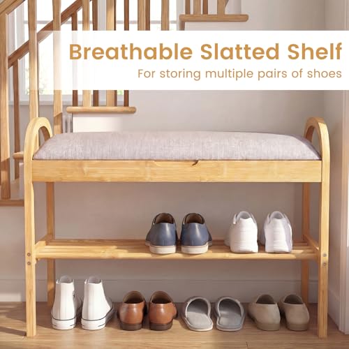 GOFLAME Bamboo Shoe Rack Bench with Storage, 2-Tier Entryway Bench with Flip Top Storage and Padded Seat Cushion, Shoe Rack Organizer with Shelf for Hallway, Bedroom, Living Room - style: With Storage