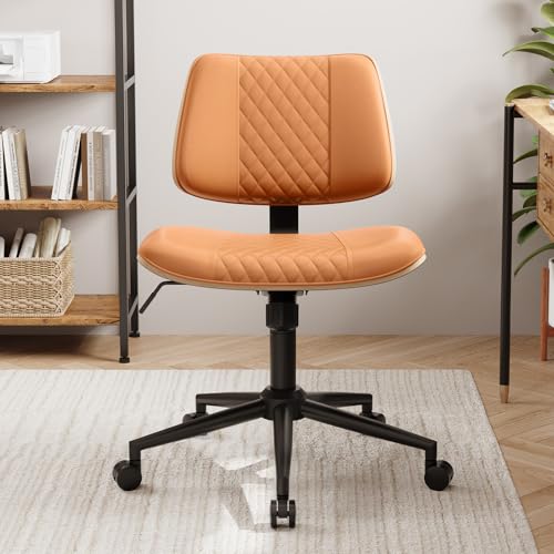 Modern Armless Office Chair with Wheels, Wide Seat Walnut, Brown | Adjustable Swivel Desk Chair with Mid Back & Tilt Function, Faux PU Leather Mid Century Modern Task Office Chair, 300LBS Cap - color: Brown, size: MCM Style Wide Seat