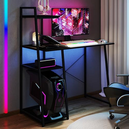 Tangkula Computer Desk with Shelves, Space Saving Home Office Desk with 3-Tier Ladder Shaped Storage Bookshelf, Modern Writing Study Desk with Metal Frame, Compact Computer Workstation (Black) - color: Black