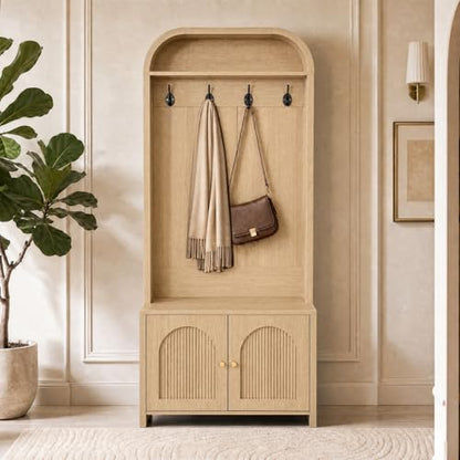 Narrow Entryway Hall Tree with Storage Bench, Modern Fluted Coat Rack and 2-Door Shoe Cabinet for Small Spaces, Arched Mudroom Organizer to Hide Clutter, Natural