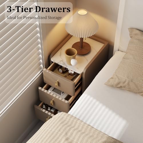 AQIMUELE Narrow Nightstand with Drawers, Narrow Side Table Leather, Small Bedside Tables for Bedroom. (Beige) - color: Beige, size: 11.8''W x 15"D x 22.8"H