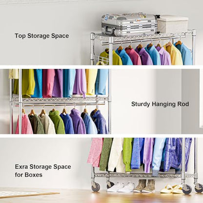 M MZG Heavy Duty Rolling Garment Rack 3 Tiers Adjustable Wire Shelving Clothes Rack with 2 Rods and Side Hooks,Storage Closet Clothing Rack with Wheels Chrome 15.7" D x 45.3" W x 79.6" H - color: Chrome, size: 3 Tier and 2 Rod 15.7"D x 45.3"W x 79.6"H