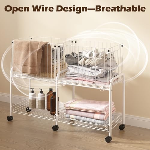 Rolling Laundry Cart with Wheels,76L Laundry Hamper Sorter Trolley with Extra Shelf,2 Removeable Collapsible Wire Storage Basket