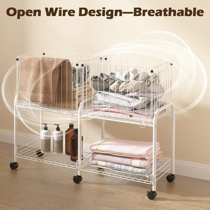 Rolling Laundry Cart with Wheels,76L Laundry Hamper Sorter Trolley with Extra Shelf,2 Removeable Collapsible Wire Storage Basket