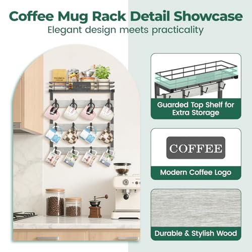 EsLuker.ly Coffee Mug Holder Cup Hanger Wall Mounted Display Rack | Metal Organizer with 12 Movable Plastic Hooks, Wood Rustic Shelf for Coffee Bar Home Kitchen, Thoughtful Wall Storage, Grey - style: 12 Movable Hooks Light Grey Style