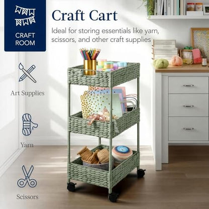 Best Choice Products 3-Tier Water Hyacinth Rolling Nursery Caddy w/Wheels, Utility Cart, Storage Organization for Bathroom, Craft Room, Laundry Room - Sage - color: Sage