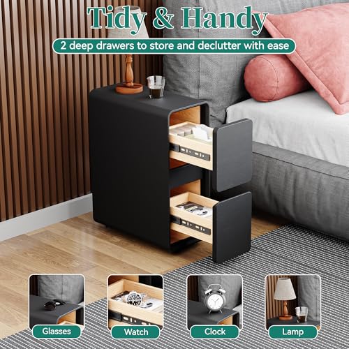 7.8" W Leather Narrow Nightstand Set of 2, Modern Fully-Assembled Bedside Table with 2 Drawers, White Night Stand Small Accent End Table & Side Table for Bedroom, Black - color: Black Set of 2, size: 8in