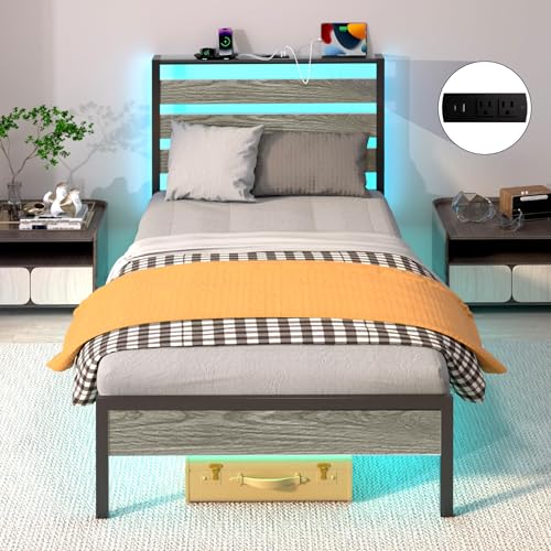 J.Fkne Twin Bed Frame with LED Lights & Charging Station, Metal Platform Bed with Headboard, Heavy Duty Metal Slats, No Box Spring Needed, Noise Free, Easy Assembly - size: Twin, style: Country