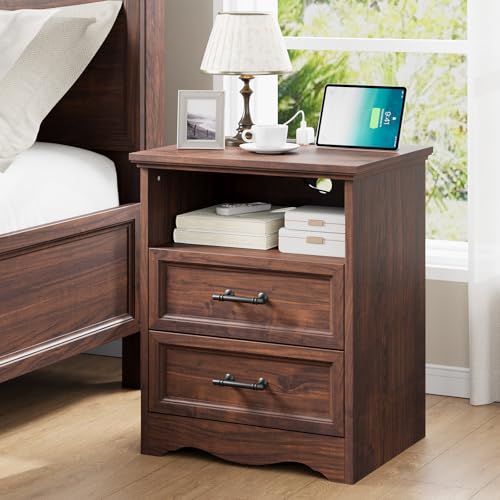 Farmhouse Nightstand with Charging Station, Walnut Wood Bedside Table & End Table with 2 Drawers and Unique Base Design, Side Table Storage Cabinet with Metal Handles for Bedroom, Living Room - color: Walnut, size: 1 Piece