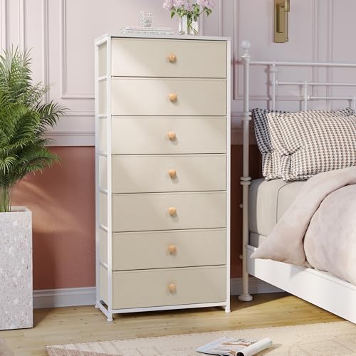 Fabric Dresser for Bedroom, Wide 7-Drawer Tall Vertical Tower (Beige) | Wooden Top, Steel Frame, Easy Pull Bin,Organizer Unit for Living Room, Hallway, Entryway, Nursery, Closets - color: Beige, style: Wide-7 Drawers