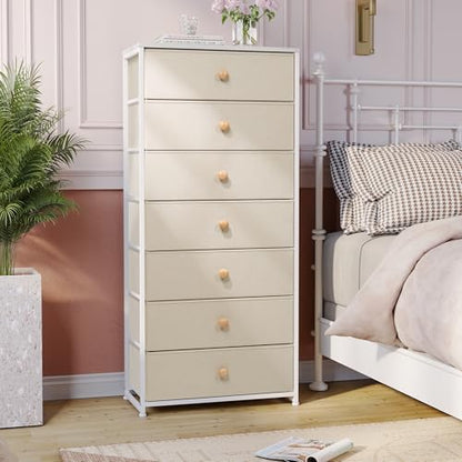 Fabric Dresser for Bedroom, Wide 7-Drawer Tall Vertical Tower (Beige) | Wooden Top, Steel Frame, Easy Pull Bin,Organizer Unit for Living Room, Hallway, Entryway, Nursery, Closets - color: Beige, style: Wide-7 Drawers