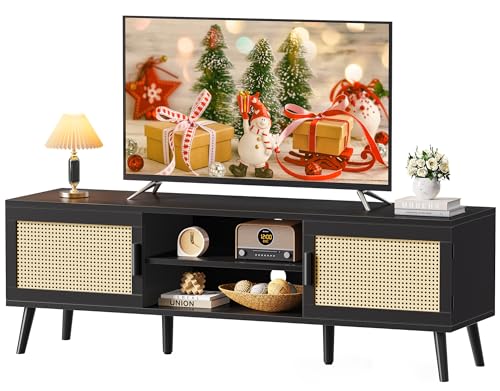SUPERJARE TV Stand for 65 Inch TV, Entertainment Center with Adjustable Shelf, Rattan TV Console with 2 Cabinets, Media Console, Solid Wood Feet, 4 Cord Holes, for Living Room, Black - color: Black, size: 53.9"
