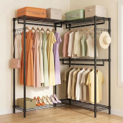 L Shaped Heavy Duty Garment Rack with Shelves, Black | Heavy Duty Clothes Rack with 3 Hanging Rods & 5 Shelves, Freestanding Adjustable Garment Rack for Bedroom - size: 58.27''W×17.13D''×76.38''H