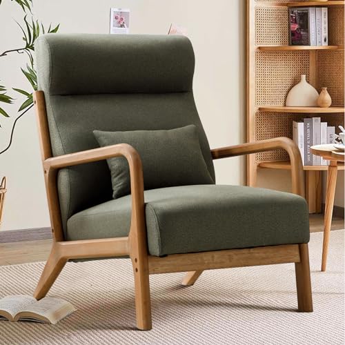 Mid Century Modern Accent Chair with High Back, Upholstered Living Room Chairs with Waist Cushion, Wood Frame Reading Armchair for Bedroom Sunroom, Green - color: Blackish Green