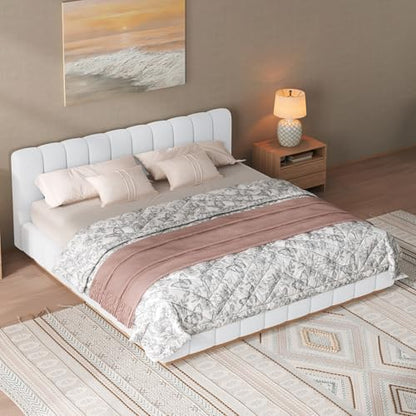 Majnesvon King Size Upholstered Bed Frame, Soft Boucle Bed Frame with Headboard, Low Profile White Platform Bed with Wood Base - size: King (U.S. Standard)