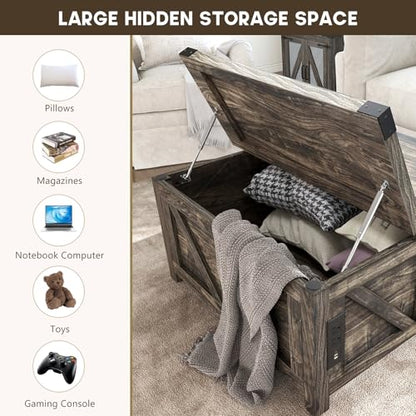 jimeimen Farmhouse Lift Top Coffee Table with Storage, Wood Square Center Table with Charging Station&USB Port, Living Room Table w/Large Hidden Space, for Living Room, Bedroom, Home Office, Dark Grey - color: Dark Grey