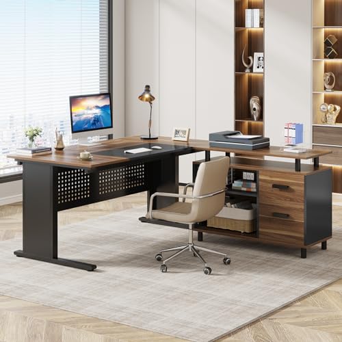 Tribesigns 63 Inch Executive Desk with Filing Cabinet, L Shaped Office Desk | Large Office Desk with File Drawer, L Shaped Desk with Storage, Computer Desk for Home Office, Easy Assembly, Brown and Black - color: Brown and Black