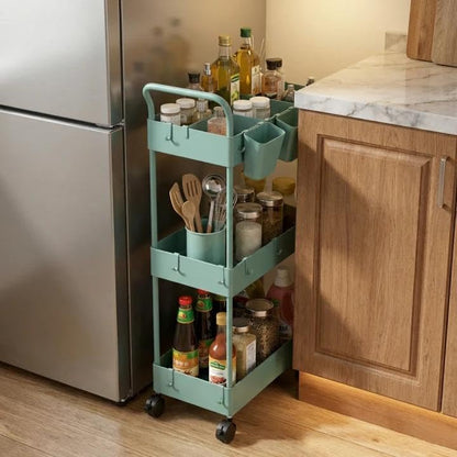 Storage Cart on Wheels, 3 Tier Bathroom Cart Organizer Slim Laundry Narrow Shelf with Wheels Dividers Hanging Cups Hooks Handle Easy Assembly, Green - style: 3 Tier Green