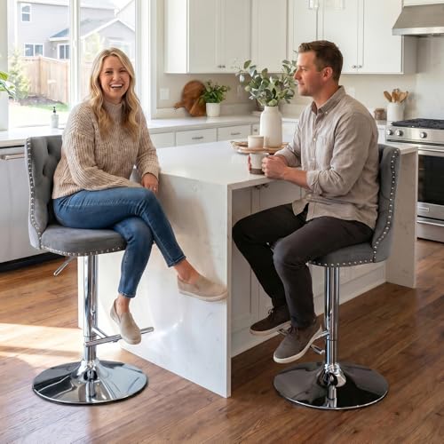 Velvet Bar Stool Set of 2, Adjustable Swivel Bar Stools with Silver Plated Metal Leg, Button Tufted, Footrest, Chrome Nailhead, Counter Height Chair for Kitchen, Bar, Dining Room (Grey) - color: Grey-silver Leg, size: Set of 2