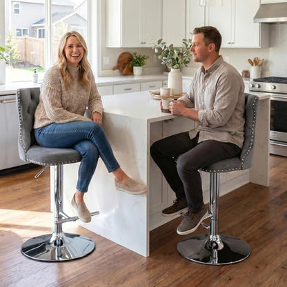 Velvet Bar Stool Set of 2, Adjustable Swivel Bar Stools with Silver Plated Metal Leg, Button Tufted, Footrest, Chrome Nailhead, Counter Height Chair for Kitchen, Bar, Dining Room (Grey) - color: Grey-silver Leg, size: Set of 2