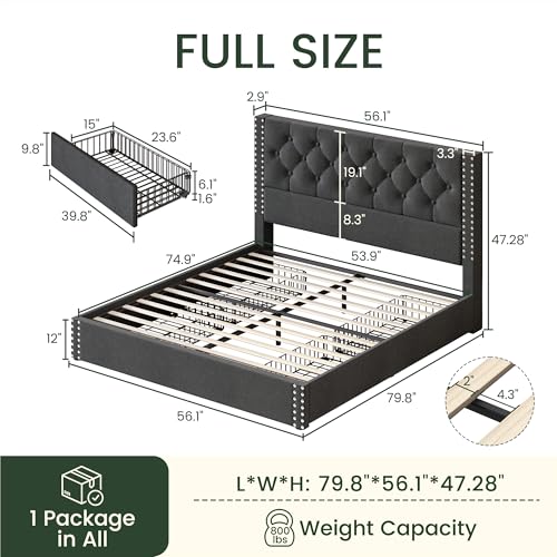 Full Size Bed Frame Upholstered Platform Bed with 4 Storage Drawers and Tufted Headboard Linen Bed Frame with Heavy Duty Wood Slats, No Box Spring Needed, Easy Assembly, Dark Grey - color: Dark Grey, size: Full