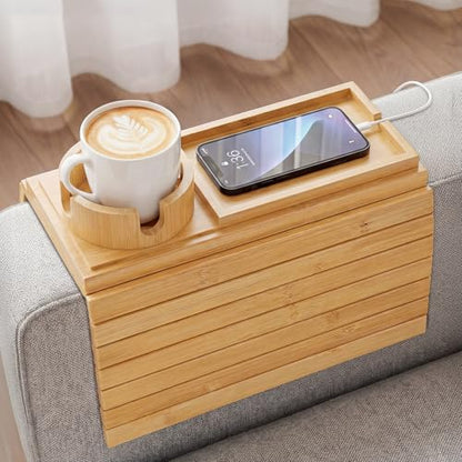 Bamboo Sofa Armrest Tray, Foldable Couch Arm Tray Side Table, 2 in 1 Anti-Falling Armrest Tables Cup Holder for Snacks, Drinks, Beers, Phone, Control, Flexible and Portable, Anti-Slip - color: Bamboo
