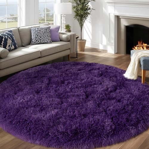 6ft Fluffy Dark Purple Round Rug for Bedroom Living Room, Washable Non-Slip | Soft Shag Purple Circle Rug for Kids Room Dorm Living Room Home Decor, Thick Memory Sponge, Flame Resistant - color: Dark Purple, size: 6' (Round)