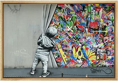 wall26 Framed Canvas Print Wall Art Banksy British Artist Kid Spray Paint Curtain Illusion Graffiti & Street Art Urban Illustrations Modern Art Boho for Living Room, Bedroom, Office - 16"x24" Natural - color: A12-2204-ma05114, size: 24"L x 16"W