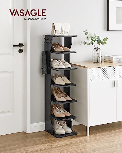 VASAGLE 7-Tier Vertical Shoe Rack, Narrow Shoe Storage Organizer with Hooks | Slim Corner Tower Shelf, Space Saving for Entryway and Bedroom, Ink Black, ISLAND Collection ULBS200T16 - color: Black, size: 7 Tiers (10.4"W)