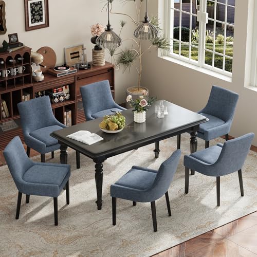COLAMY Modern Dining Room Chairs Set of 6 with Mid Back and Wood Legs, Upholstered Kitchen Chairs for Dining Room/Living Room, Blue - color: Blue, size: Set of 6