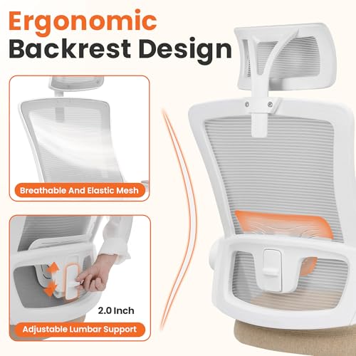NEO CHAIR Office Desk Chair with Ergonomic High Back Mesh Headrest, Beige | Adjustable Headrest and Lumbar Support with Flip-Up Armrests Designed for Extended Sitting Comfort While Saving Space - color: Beige