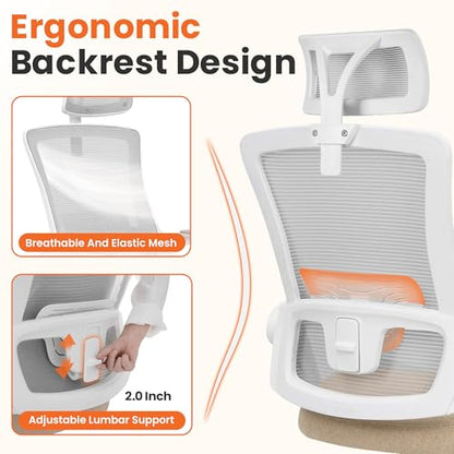 NEO CHAIR Office Desk Chair with Ergonomic High Back Mesh Headrest, Beige | Adjustable Headrest and Lumbar Support with Flip-Up Armrests Designed for Extended Sitting Comfort While Saving Space - color: Beige