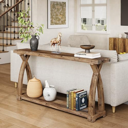 Solid Wood Console Table for Entryway, 63-Inch Narrow Farmhouse Couch Table Behind Sofa with 2-Tier Storage for Entrance, Foyer, Living Room, Long, Rustic Brown - color: Brown