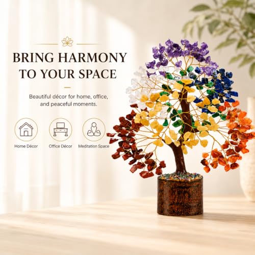 7 Chakra Tree of Life Crystal Tree | 300 Natural Gemstone Beads | Healing Crystal Tree for Housewarming, Positive Energy, Money & Good Luck | Birthday Gift for Women, Men, Mom, Sister & Friends - color: #3 Seven Chakra Golden Wire Tree (300 Beads)